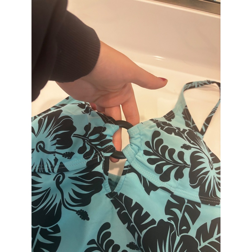 Ocean Dream Turquoise Black Hibiscus Floral O-Ring Tankini Swim Top Womens 10 - Picture 2 of 5